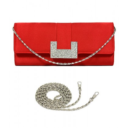 Evening Bag - 12 PCS - Satin w/ Rhinestone Buckle Closure - Red - BG-EBS1142RD